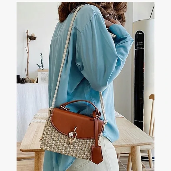 🆕 Straw Square Bag Straw Beach Bags For Women Rattan Purses Straw Crossbody - Picture 2 of 9